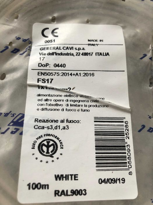 Кабель гнучкий FS17 1х1,5 Італія європейська якість 100м