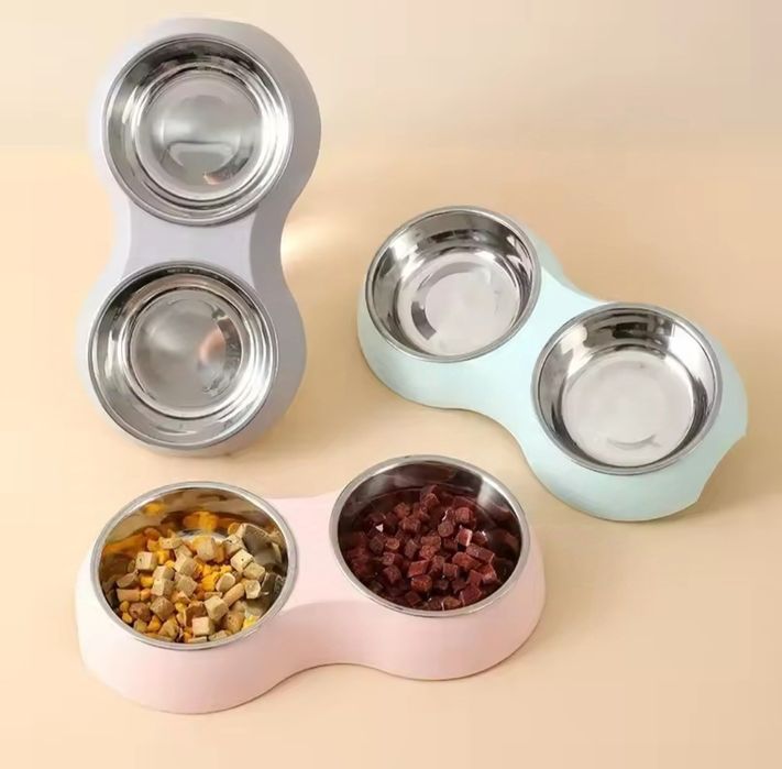 Миска для тварин, собак, котів, подвійна, універсальна, кормушка