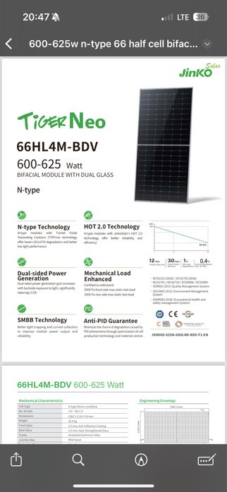Сонячні панелі Jinko solar 625 Watt