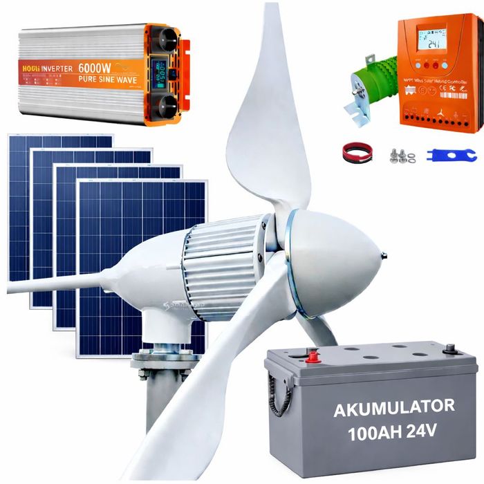 TURBINA WIATROWA PANELE Fotowoltaiczne Solarne GOTOWY ZESTAW Hybrydowy Komplet Wiatrak Max 5KW 5000W+STEROWNIK+Falownik 5KW+AKUMULATOR + 4 PANELE 400W