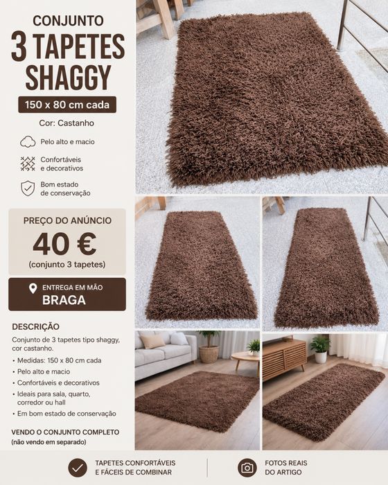 Conjunto 3 Tapetes Shaggy 150x80 cm – Castanho – Bom Estado