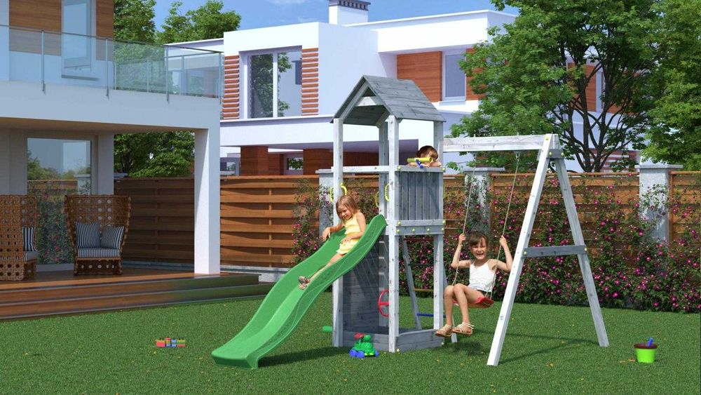 Plac zabaw z drewna do ogrodu Fungoo Flippi Grey White