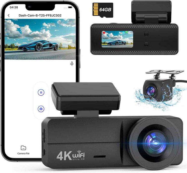 Kamera Samochodowa Rejestrator Przód Tył 4K+1080P Karta SD 64 GB Wi-Fi Tryb Nocny Tryb Parkowania 24 godziny Czujnik G Nagrywanie w Pętli