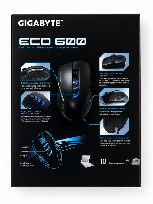 Gigabyte ECO 600 — Rato Wireless Laser | 1600 DPI | Garantia