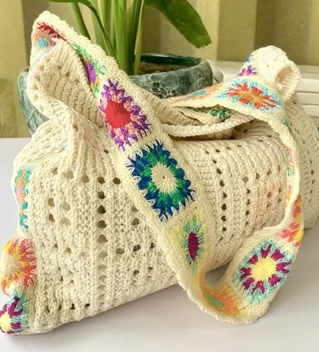 Nowa cudowna Boho szydełkowa torba z szydełkowym wzorem na pasku kremo