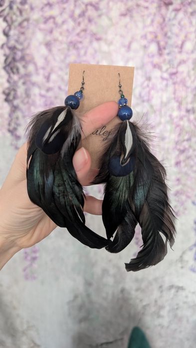 Efektowne i długie kolczyki Boho z piór, handmade