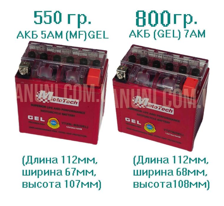 Аккумулятор гелиевый для скутера 2.3, 4, 5, 7, 9, 12, 14, 18, 20 ah.