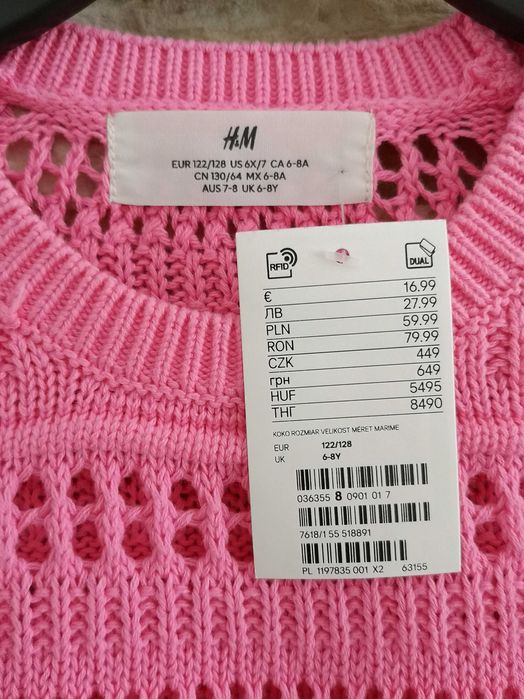 Sweter bawełniany ażurowy dziewczęcy H&M r.122/128