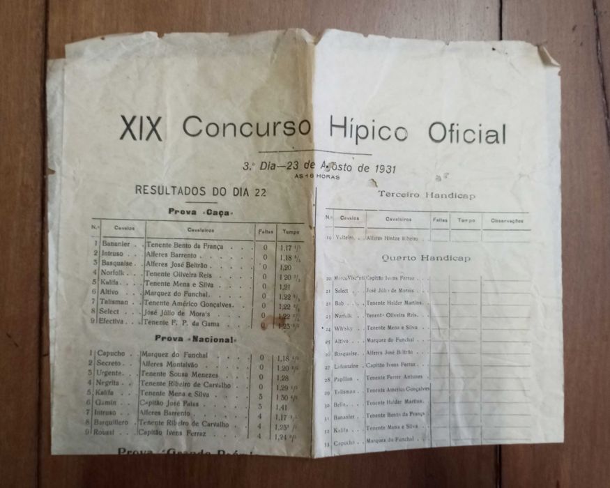 Raro antigo folheto Resultados XIX Concurso Hípico Oficial 1931