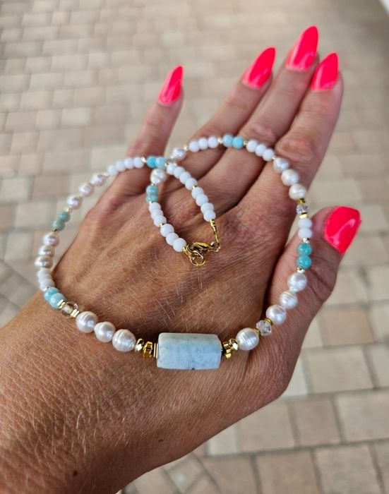 Naszyjnik Choker Kamienie Naturalne Perły Naturalne Amazonit Agat