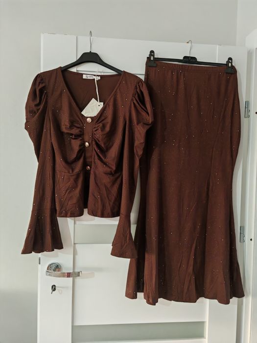 Komplet zestaw spódnica długa maxi bluzka falbanki L srebrny brokatowy