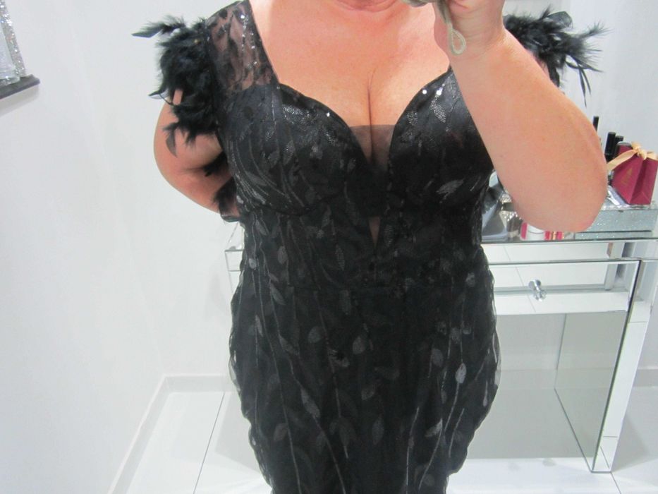 angielska piękna suknia imprezy wieczorowa pióra cyrkonie   44-46-48