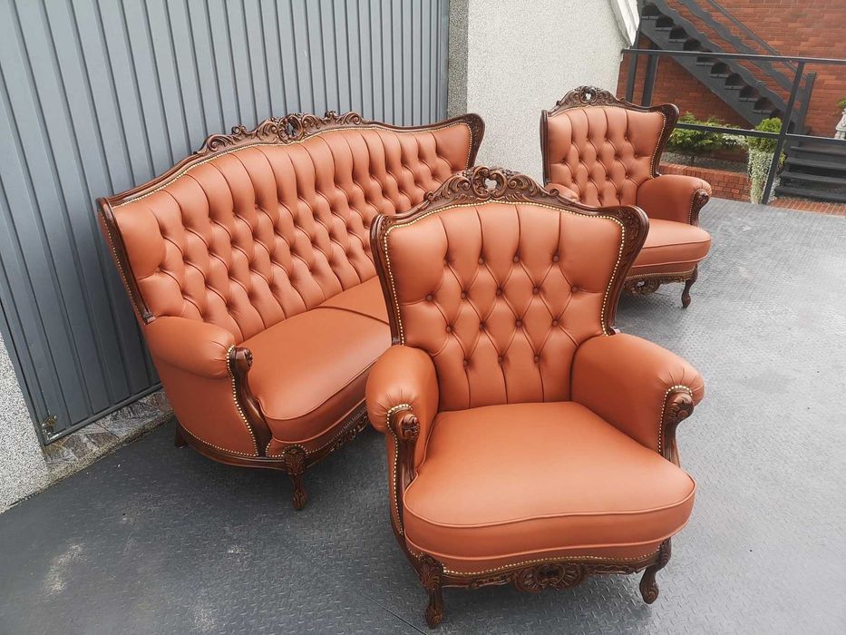 Cudowny komplet po renowacji! Koniakowa skóra! Sofa i dwa fotele!