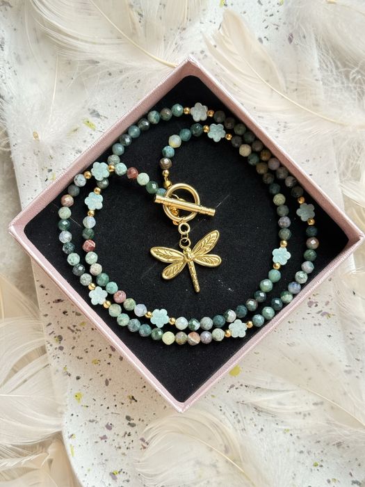 Naszyjnik z kamieni naturalnych agat indyjski, akwamaryn, stal chirurg