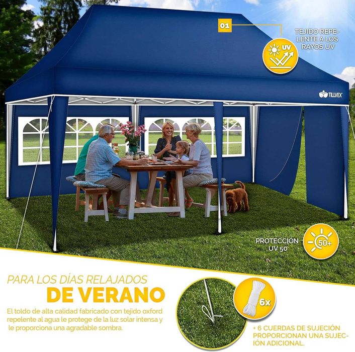 TENDA Gazebo dobrável tillvex, 3 x 6 m, com saco ( 3 painéis laterais)
