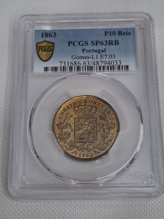 Portugal 1863 – Conjunto Excecional 5, 10 e 20 Reis PCGS SP63/SP64 RB – D. Luís I