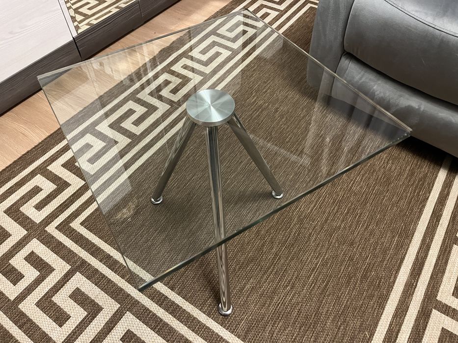 Stolik kawowy szklany kwadratowy 50cmx50cm trójnóg stal nierdzewna