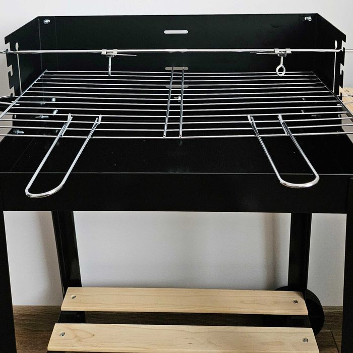GRILL Węglowy Ogrodowy Na Kółkach Regulowany Rożen BBQ Ruszt 50 x 24cm