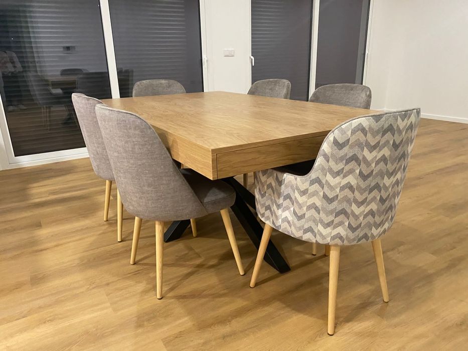 Mesa Jantar Extensível Carvalho Natural e Base Ferro Preto