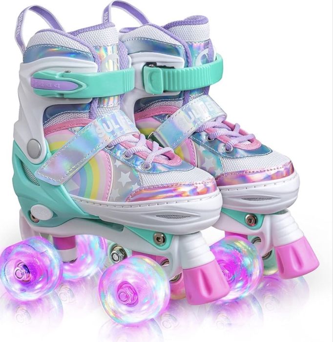 Como novo! Sulifeel Rainbow Unicorn Rodas de Patins com Luzes Ajustáveis para Meninas e Meninos, Tamanho: EU 28-31