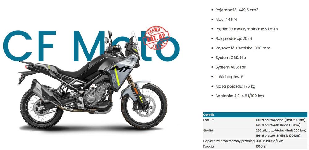 CFMOTO 450 MT kat. A2 - WYNAJEM - od 199 zł/doba, od 149 zł/4h