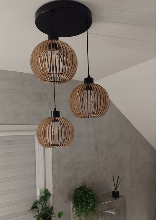 Lampa Wisząca Drewniana Loft Retro 3 Klosze Regulowana