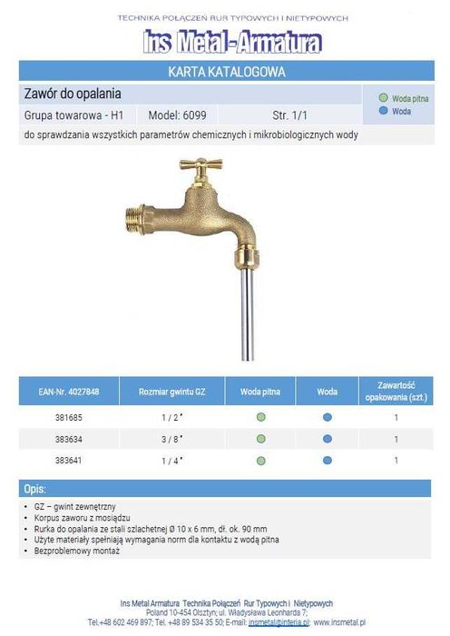Kurek Zawór Kran do Poboru Próbek Wody 1/2" Probierczy beulco - z wylewką przystosowaną do opalania przed poborem próbek wody
