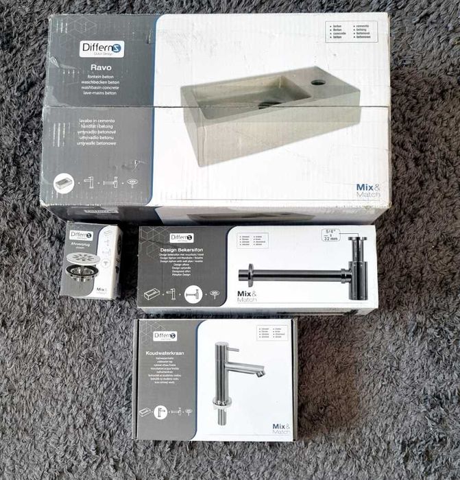 Mini umywalka betonowa do toalety + bateria, syfon, korek spustowy