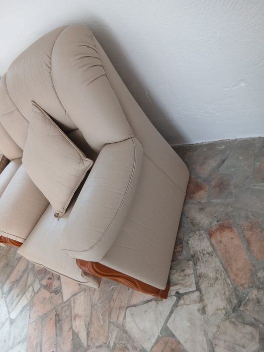 Duas poltronas e sofá em pele e madeira maciça