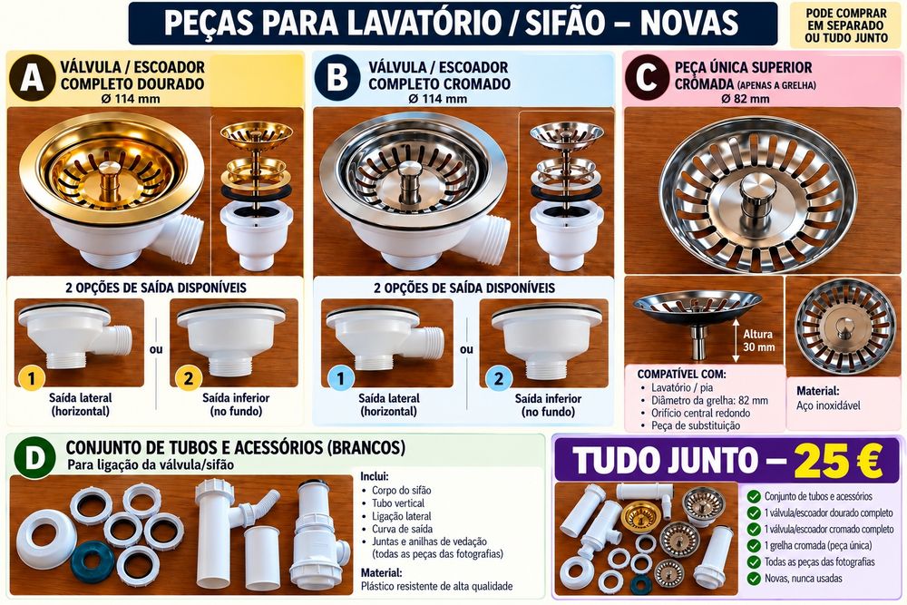 Conjunto de Peças para Lavatório e Sifão – Novo, Nunca Usado