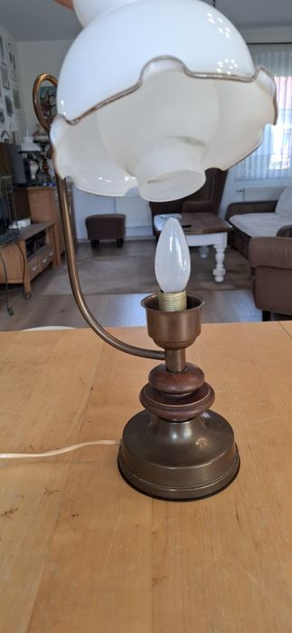 Lampka stylowa mosiądz drewno szkło