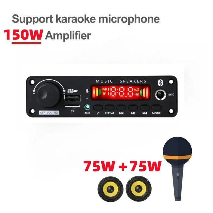Bluetooth 5.0 mp3 декодер 2*75W, усилитель, USB, aux, FM. Пульт.