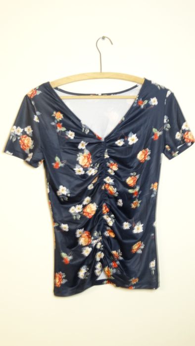 Bluzka granatowa w kwiaty elegancka wizytowa marszczenie S M