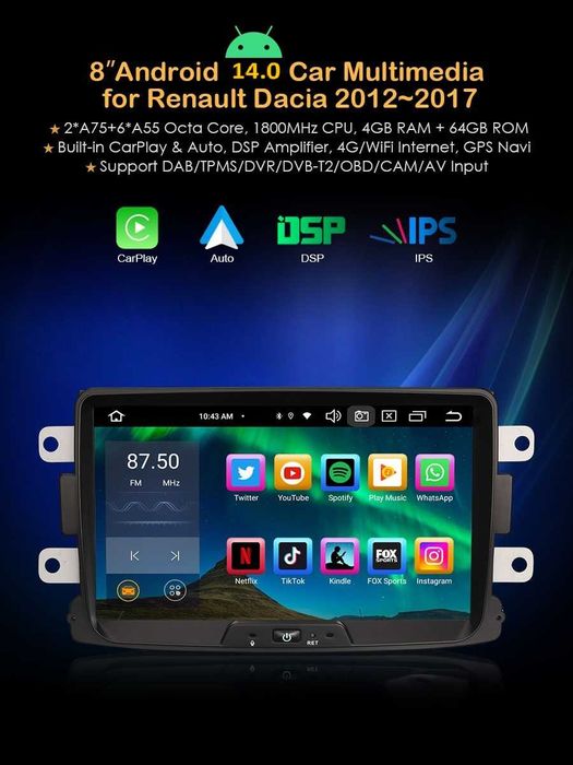 Auto-rádio 2 din android 14 Megane Dacia Duster Logan Sandero Dokker