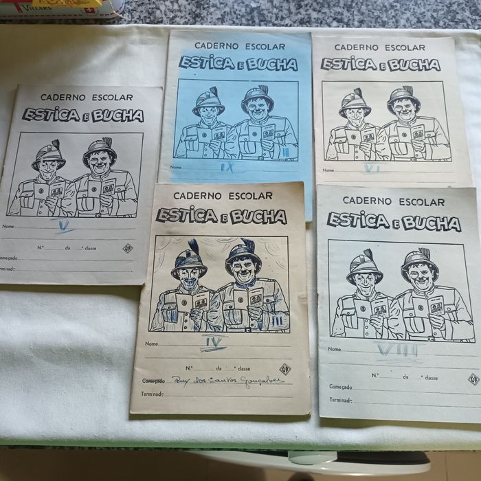 5 cadernos escolares escritos estica e bucha