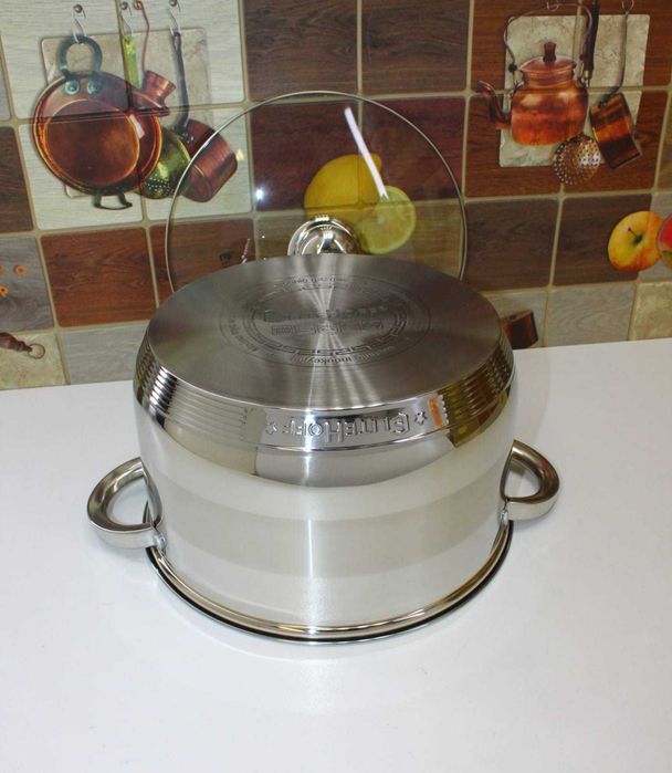 Garnek Stalowy Gastro 8,2L – Gaz, Indukcja, Szklana Pokrywka, E4007