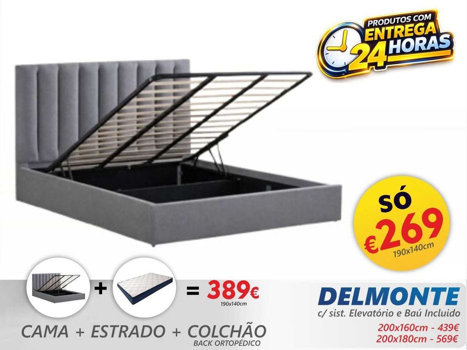 Cama Estofada Delmonte c/ Estrado e Sistema Elevatório - Direto do fabricante de Paços de Ferreira.