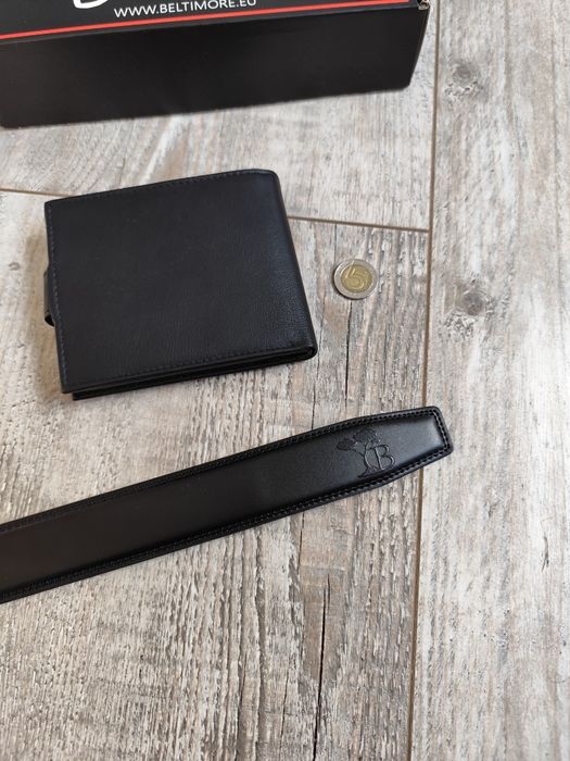Zestaw nowy prezent męski skórzany pasek i portfel czarny pudełko 110