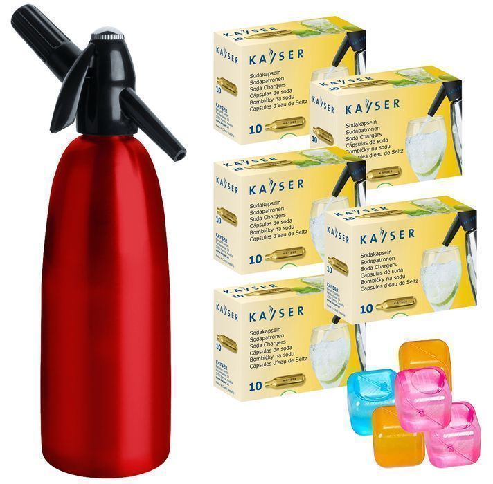 Saturator syfon do wody sodowej czerwony 1L + 50 naboi + 5 kostek lodu