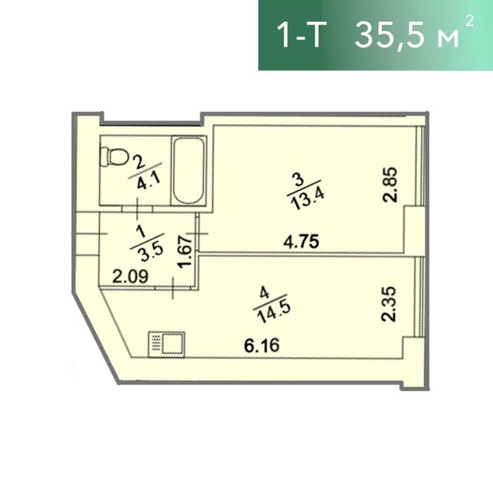 1-кімнтна  Квартира від забудовника! 36м2.