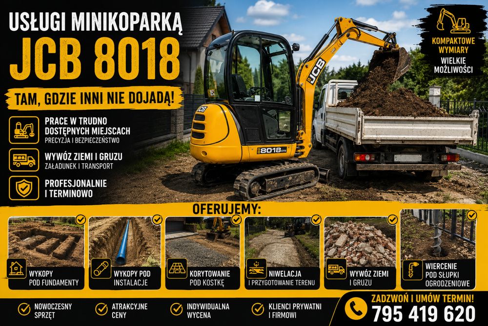 Usługi Minikoparka, wywóz ziemi i gruzu, wiercenie pod slupki ogrodzeniowe