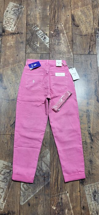 Różowe spodnie jeansy mom fit wysoki stan pasek bawełna XS S