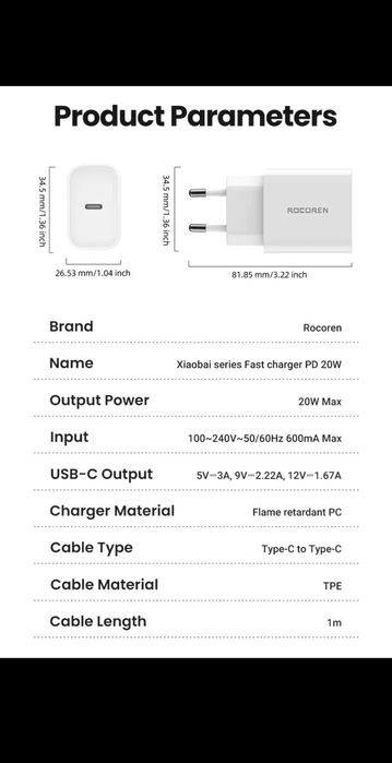 Зарядка PD20W+Кабель. Rocoren, адаптер, блок питания/живлення,зарядное