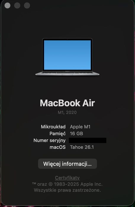 MacBook Air M1 16 GB Ram, 512 Pamięć, Space Gray