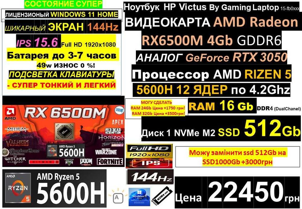 100+ Ноутбуківℹ️Traid-In‼️HP VICTUS 144Hz/Radeon RX6500M 4Gb|RTX3050/RIZEN 5 5600H/SSD 512Gb/RAM 16-32Gb