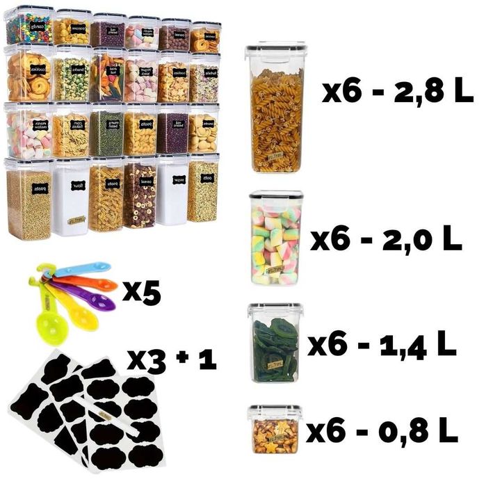 ZESTAW 24 POJEMNIKÓW NA ŻYWNOŚĆ - na Przyprawy, Makaron, Płatki