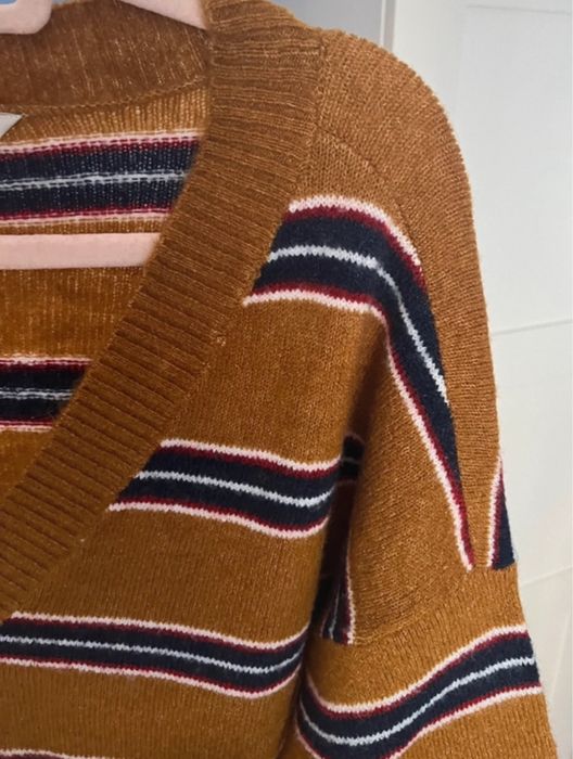 Ciepły Sweter oversize paski karmelowy włochaty granatowy milutki