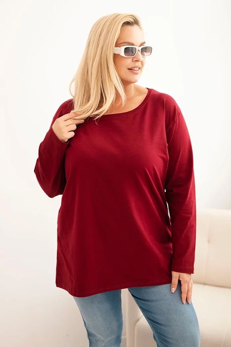 Bluzka damska Plus Size bawełniana z okrągłym dekoltem bordowa 2XL/3XL