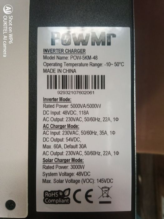 Inversor Híbrido 5000W 48V 60A MPPT Voltronic PowMr