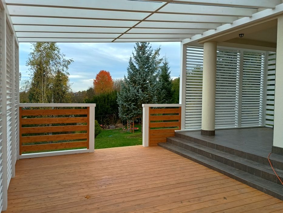 Taras drewniany, zadaszenie tarasu, architektura ogrodowa